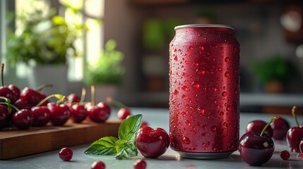 Aufkleber - A cold can of cherry drink glistens with droplets, placed next to vibrant cherries and mint leaves on a kitchen countertop. Sunlight enhances the freshness of the scene.