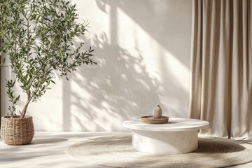 Leinwandbilder - Minimalist interior design featuring a round marble table and potted plant in a sunlit room