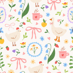 Cute vector seamless pattern with hand drawn flowers, bows, goose, chicken, leaves and herbs, strawberry. Cottagecore style. Spring and summer cozy background. Gardening and country lifestyle.