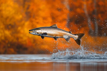 Poster - Salmon leaps through air above a shimmering river against a backdrop of vibrant autumn foliage