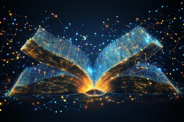 Poster - Enchanting digital book glowing amid vibrant particles and connections in a futuristic landscape