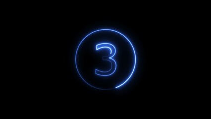 Leinwandbilder - 3 seconds countdown neon bright royal blue color 4k illustration on black background. loading royal blue color 4k illustration. 
