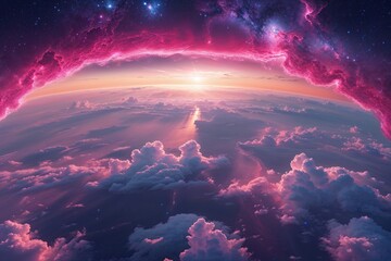 Wall Mural - olive sunset over earth from lunar perspective in cosmic atmosphere