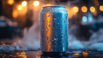 Poster - A sleek beverage can bejeweled with droplets of water stands proudly against a backdrop of soft lights in a serene outdoor setting at night.