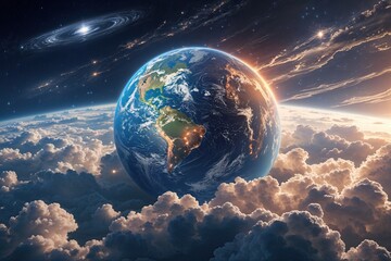 Wall Mural - stunning earth animation in cosmic atmosphere featuring detailed clouds and celestial light