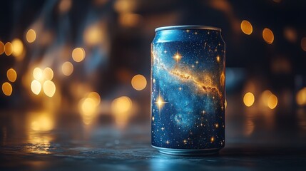 Poster - A stunning soda can decorated with a vibrant galaxy design captures attention. The can stands out against a softly lit background with warm bokeh lights, creating a dreamy atmosphere.