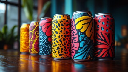 Leinwandbilder - A row of uniquely designed beverage cans featuring vibrant floral and abstract patterns sits on a wooden table in a trendy, well-lit environment.