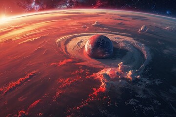 Wall Mural - stunning earth view from space with breathtaking crimson sunset perspective