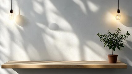 Aufkleber - Empty brown background,Mock plank board shelf at grunge concrete wall with light bulb string party wood up for display or montage of product or design video 4k