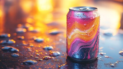 Leinwandbilder - A brightly colored can sits on a wet surface, surrounded by water droplets. The warm sunset glow creates a soft, blurred background with vibrant hues of orange and pink.