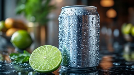 Poster - A chilled can of beverage sits on a wet table, glistening from condensation. Next to it, a lime slice adds a vibrant touch, while various fruits create an inviting ambiance.