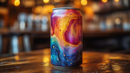 Poster - A vibrant beverage can with a swirling cosmic design stands prominently on a wooden table. The warm glow of cafe lights creates a cozy ambiance in the background, enhancing the artistic display.