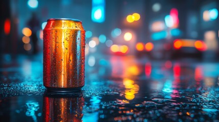Poster - An orange soda can with water droplets sits on shiny pavement, reflecting bright city lights in the background on a rainy evening.