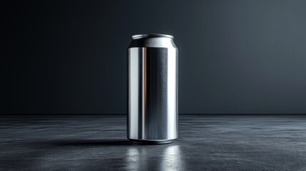 Aufkleber - A shiny, unlabelled metal can is positioned upright on a smooth, dark surface. The soft lighting emphasizes its sleek design and reflective qualities.