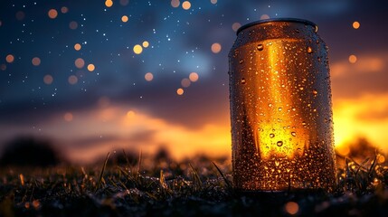 Poster - A can of beverage stands prominently on grass, beaded with condensation as the sun sets in the background, creating a beautiful bokeh effect from distant lights.
