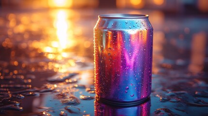 Poster - A shiny can sits on a wet surface reflecting colorful lights in the background. The scene captures the beauty of a sunset after rain, creating an artistic ambiance.