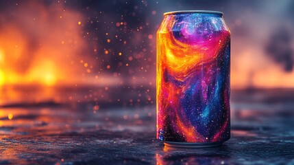 Aufkleber - A vibrant can featuring a galaxy design stands prominently amidst shimmering sparks and a dramatic fiery backdrop during an evening celebration, showcasing creativity and flair.