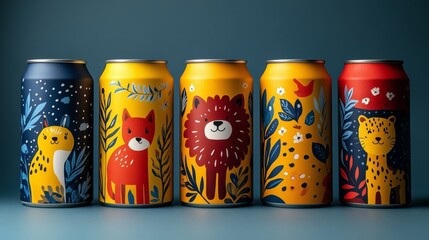 Leinwandbilder - Five uniquely designed beverage cans sit on a table, each featuring colorful animal illustrations against bright backgrounds. The artistic designs depict various wildlife, creating a playful display.