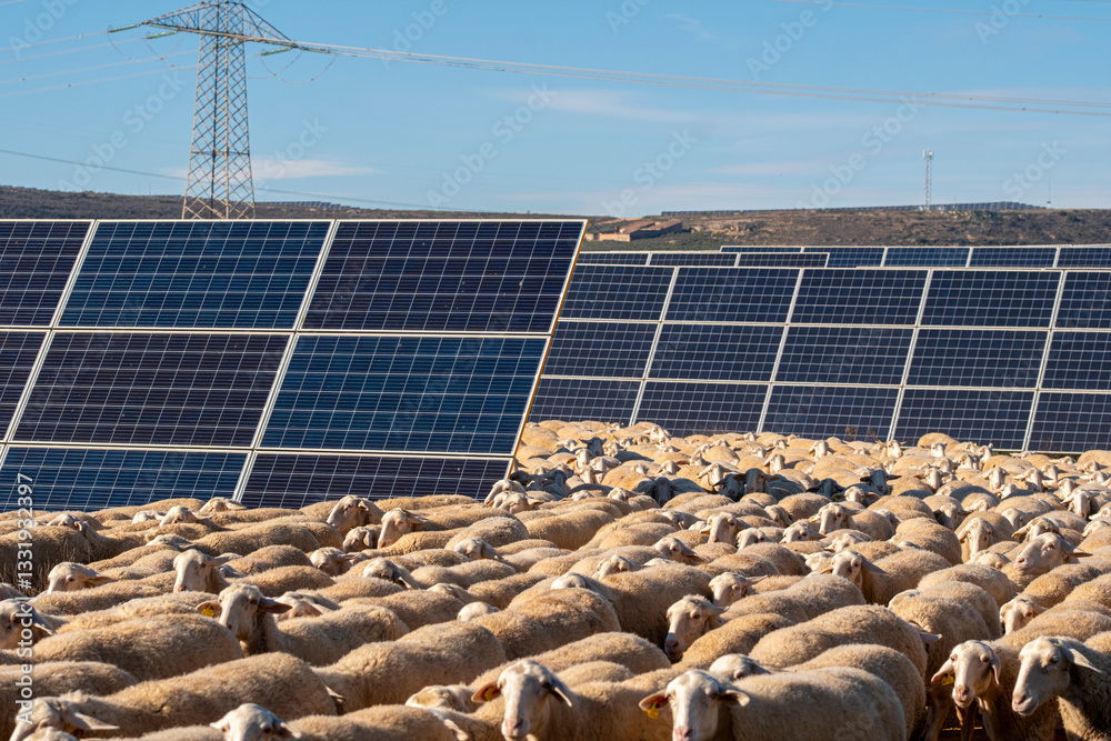 Solar farm with a flock of sheep grazing among photovoltaic panels ...