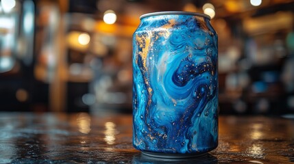 Leinwandbilder - A blue marbled beverage can sits on a moist table surface in a lively cafe. The warm lights add a cozy atmosphere, creating an inviting setting for customers.