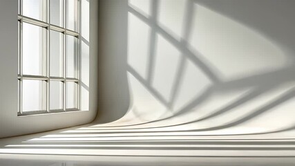 Poster - Sunlight illuminating white wall in empty room Minimalistic abstract simple with potted casting shadows on the floor and wall Copy space for text video 4k