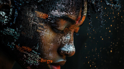 Poster - Abstract digital portrait of a person with code on face art data dark light image style future binary