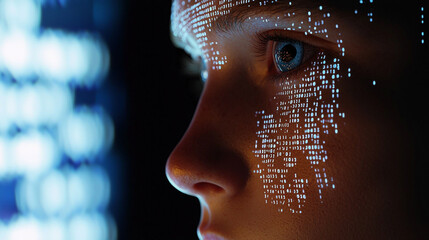Poster - Closeup profile of person with digital binary code on face eye data blue glow skin human light style