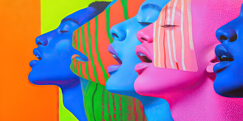 Poster - Abstract Portrait of Four Female Faces with Patterned Overlay