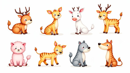  Colorful Flat Set of Cartoon Animals: Playful Watercolor Illustrations for Creative Projects