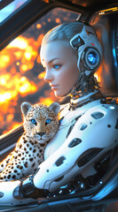 Poster - A beautiful female android with blue eyes and white hair sits in a car or spaceship next to her pet leopard. Flames are visible in the background, creating a futuristic style.