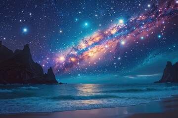 Wall Mural - Radiant Night Sky Over Ocean Blue Waters with a Galaxy of Shimmering Stars