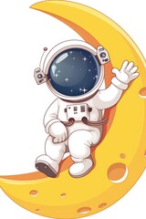 Wall Mural - a cartoon astronaut is sitting on a crescent moon smiling