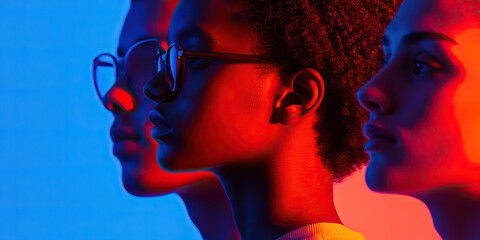Poster - Three Female Profiles in Red and Blue Light