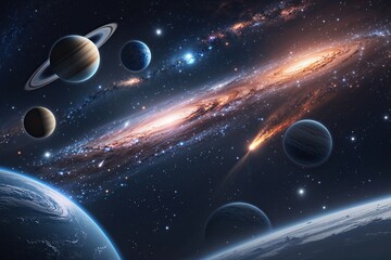 Wall Mural - galactic space scene featuring planets stars and comets in a dark universe