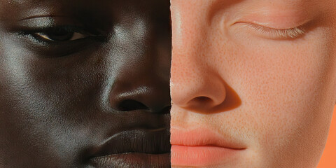 Poster - Juxtaposition of Dark Brown and Light Beige Skin Tones: Close-up Facial Detail