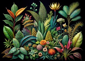  Minimalist botanical art. Black backdrop plants.