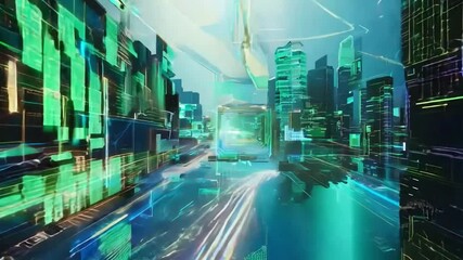 Fototapete - A vibrant digital cityscape with neon patterns and glowing structures illuminated in an otherworldly environment