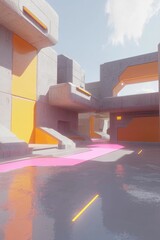 Poster - Futuristic corridor design with bright orange and pink accents.