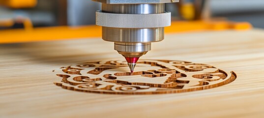 Poster - CNC Router Engraving Intricate Circular Ornament on Wood High-Precision Woodworking Technology