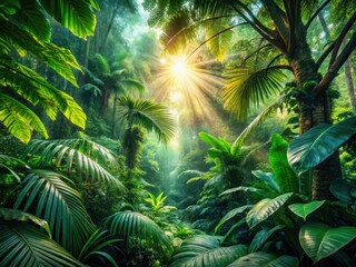 Wall Mural - Ethereal sunlight filters through a dreamlike rainforest canopy, bathing lush greenery in fantasy.