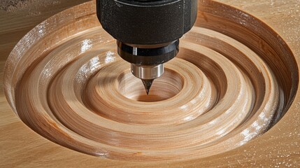 Poster - CNC Router Cutting Perfect Concentric Circles in Wood, Minimalist Woodworking Design.