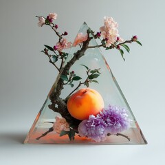 Aufkleber - Elegant Still Life: Peach, Blossoms, and Peonies Encased in a Glass Pyramid, a Modern Floral Composition