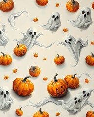 Poster - a pattern of halloween ghosts and pumpkins, perfect for spooky season! the image includes a collection of floating white ghosts with black eyes and smiling pumpkin.