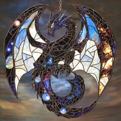 Aufkleber - Stained Glass Celestial Dragon Art: An Intricate Design with Cosmic Detail, A Stunning Display of Fantasy and Light.