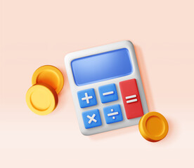 Poster - 3D modern calculator with golden coins isolated. Mathematics icon. Financial math device with money. Counting budget and savings concept. Cash and taxes, financial management. Vector illustration