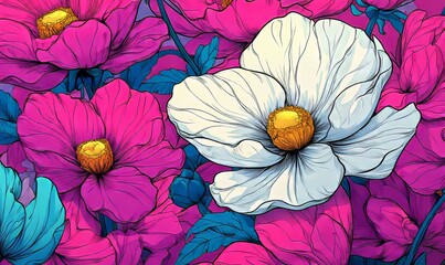 Poster - A trendy botanical print design featuring cute hand-drawn flowers is showcased in this floral seamless pattern