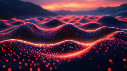 Poster - Glowing Red and Orange Particle Waves Abstract Landscape at Sunset