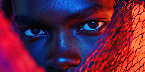 Poster - Close-up Portrait: Face Partially Obscured by Netting under Blue and Red Light