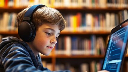 Poster - Young boy focused on coding projects while wearing headphones in a cozy library filled with books during late afternoon hours