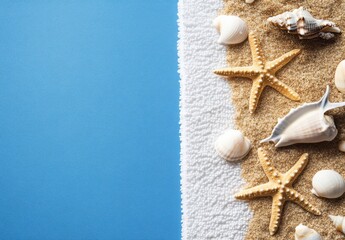 Poster - The beach towel with starfish and seashells on the right side, blue background, flat lay, close-up view. There is space for text or product display in the bottom-left corner.